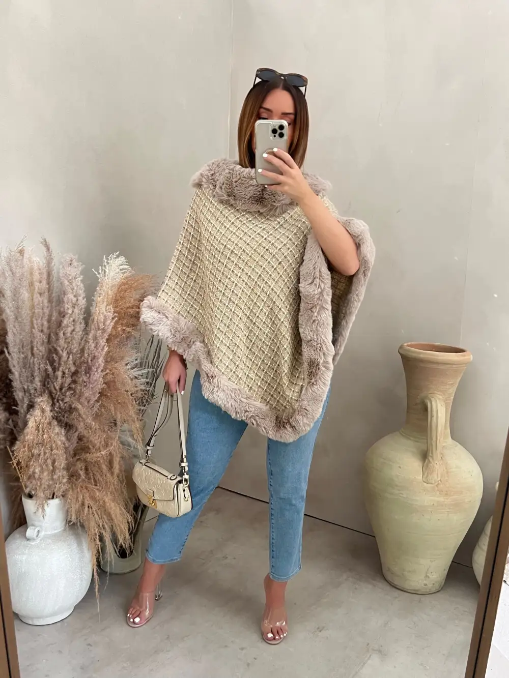 MILLIE BEIGE FAUX FUR TRIM PONCHO