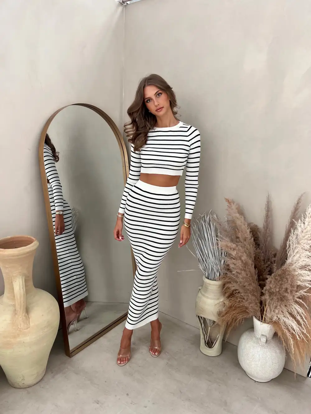 DEMMI WHITE STRIPE KNITTED SKIRT SET